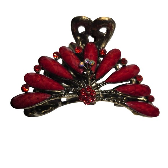 Red Rhinestone Metal Peacock Hair Claw Clip elegant dressy festive holiday - Picture 2 of 5